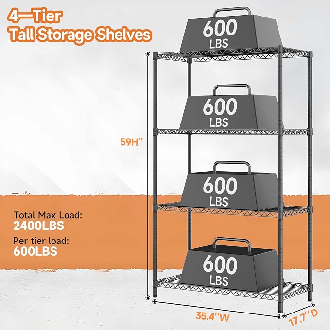 M MZG 2400LBS 35.5" W Standing Shelf Units Wire Rust-Proof Outdoor Storage Shelving 4-Tier Utility Shelving Unit for Garden Home,Kitchen,Office Dark Grey 17.7" D x 35.5" W x 59.4" H - Image 3