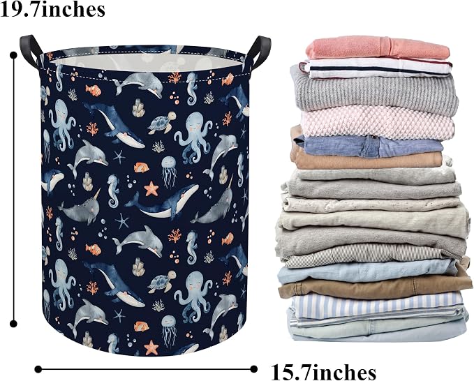 HIYAGON Ocean Baby Laundry Basket Baby Hamper for Nursery Girl Kids Soccer Hamper Cute Kids Toys Storage Bin Organizer Ocean Room Decor for Home(Blue Ocean) - Image 6