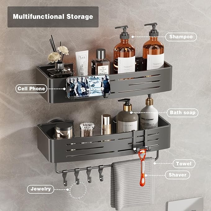 Voldra Shower Caddy Suction Cup, 1 Pack Shower Shelves for Inside Shower No Drilling, Aluminum Suction Showers Organizer with Towel Bar & Hooks Removable Bathroom Shelf Storage Rack(Gray) - Image 5