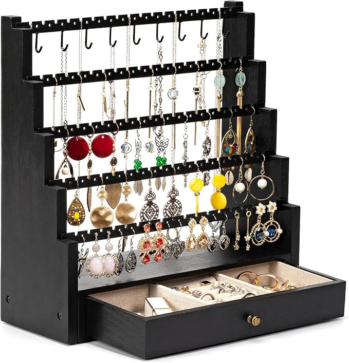 Pinzoveco Earring Organizer, 5 Layer Earring Holder Organizer with Metal Necklace Holder Pole, Rustic Wood Jewelry Organizer Stand Display for Stud Earring Bracelet Necklace Ring, 175 Earring Holes by Pinzoveco