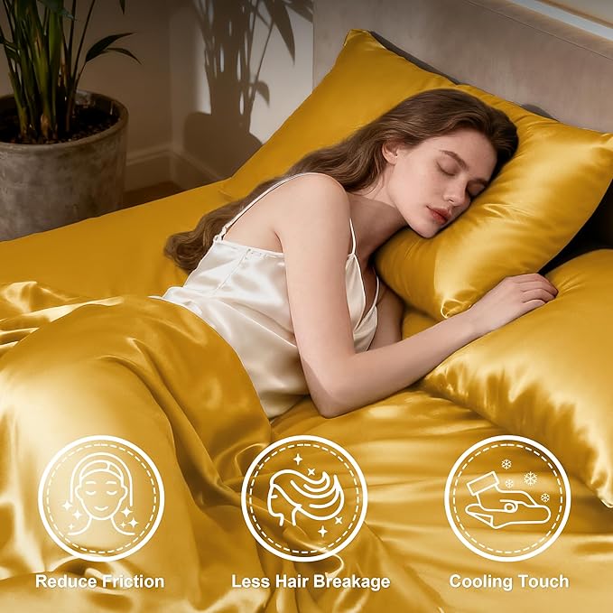 Love's cabin 4Piece California King Satin Bed Linen Set, Gold Silky Satin Sheets, Deep Pocket, Luxury Silk Feel, 1 Flat, 1 Fitted Sheet, 2 Pillow Cases