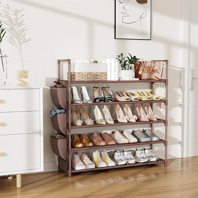 VILICK Shoe Rack for Closet Shoe Organizer Space Saver Storage for 20-25 Pair Shoe Shelf with Hook and Side Pocket Free Standing 5 Tier Shoe Rack Organizer for Entryway,Small Spaces, Brown - Image 2