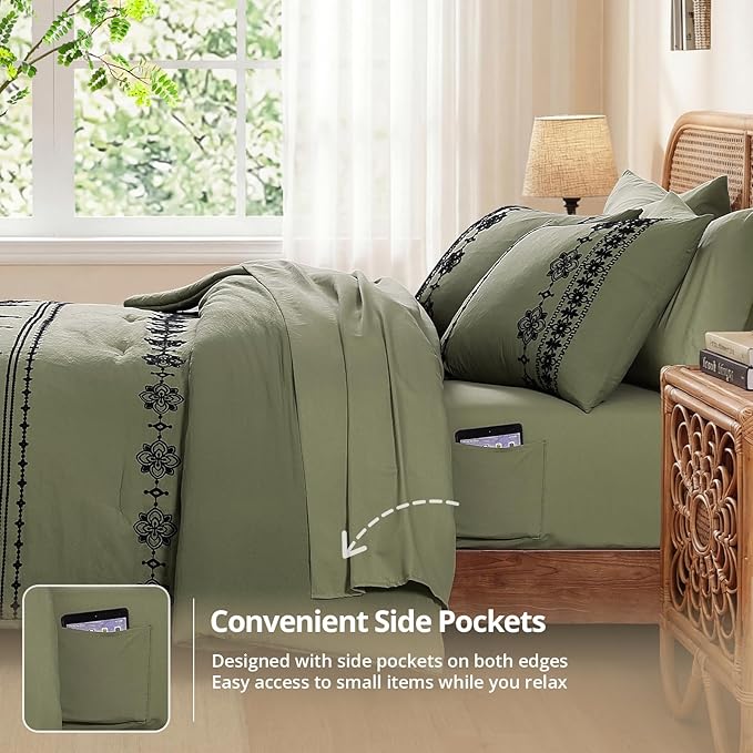 MaiRêve Queen Size Comforter Set Olive Green, Embroidery Floral Western Boho Bedding Set, All Season 7 Pieces Bed in a Bag with Sheets, Pillowcases & Shams