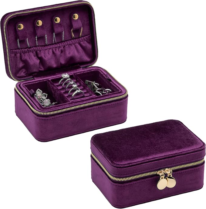 Velvet Travel Jewelry Organizer Box with Zipper Around Portable Accessory Display Tray Holder Storage Case for Multiple Earrings Rings Necklaces Bracelets (Purple) - Image 3
