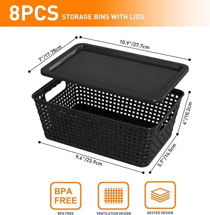 Plastic Storage Baskets With Lid, Storage Bins for Organizing, Stackable Decorative Containers for Shelves Drawers Desktop Closet Playroom Classroom Office, 8 Pack-Black - Image 2