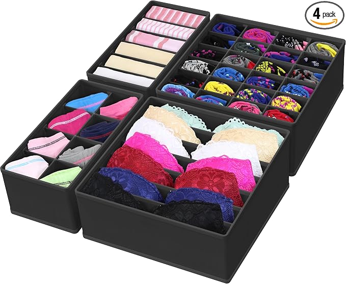 Simple Houseware 4-Pack Drawer Organizer Set - Closet Dividers for Underwear, Socks, Bras, Scarves, Ties - Foldable Non-Woven Storage Boxes, Black by SimpleHouseware