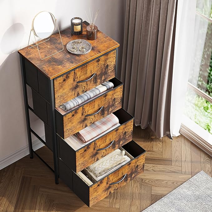 ODK Dresser for Bedroom with 4 Storage Drawers, Small Dresser Chest of Fabric Drawers with Sturdy Steel Frame, Wood Top, Vintage