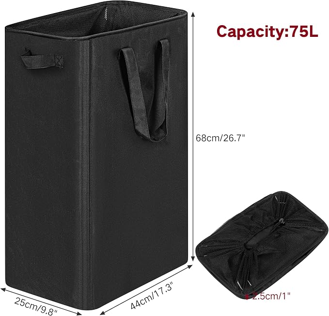 efluky Slim Laundry Basket, Narrow Laundry Hamper with Handles, Collapsible Dirty Clothes Hamper, Tall Laundry Bin for Laundry Room, Dorm and Bedroom, 19.8 Gallon(75L) Black - Image 2
