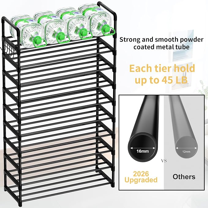 Shoe Rack, 10 Tier Shoe Storage Organizer with Hooks,Fit 40-45 Pairs Shoes,Metal Tall Shoe Shelf for Closet,Entryway, Hallway,Garage,Bedroom,Cloakroom - Image 6