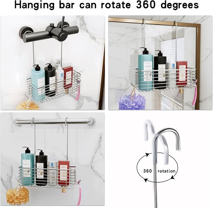YQh hanging shower rack, bathroom storage rack, shampoo bracket, the back hook can be rotated, and can be hung on the faucet or Claw foot bathtubcross bar, 304 stainless steel rust proof and durable - Image 2