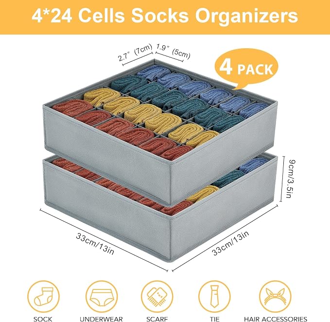 Joyoldelf Sock Drawer Organizer Divider Underwear Organizer 24-cell Fabric Dresser Drawer Organizers Storage Boxes for Socks Lingerie, Handkerchiefs, Ties 4 Pack (Grey) - Image 4