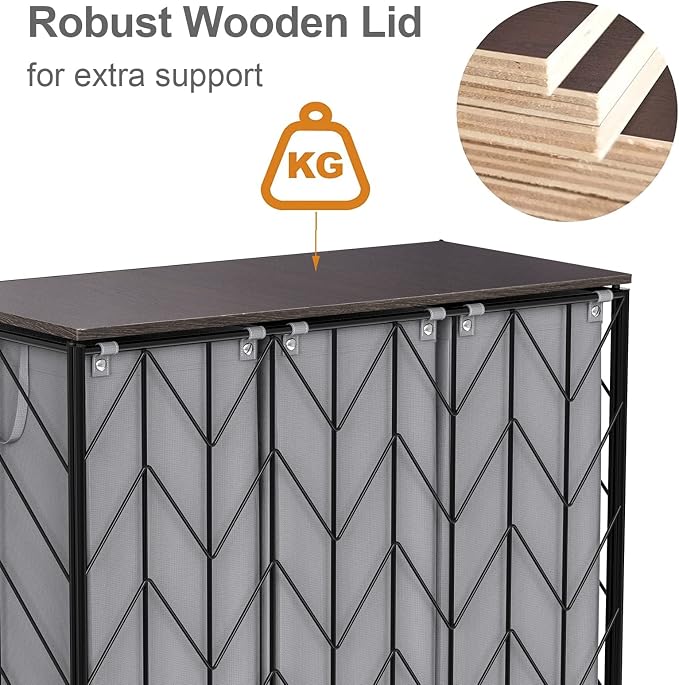 WOWLIVE Laundry Basket with Wheels, 142L Hamper 3 Section with Lid, Dirty Clothes Hamper with Removable Bags, Large Capacity Iron-Made Organizer Laundry Sorter for Dorm, Grey - Image 6