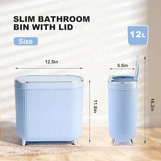 Supteron Bathroom Trash Can with Lid 3.1 Gallon Narrow Trash Can Small Plastic Trash Bin 12 Liter Rectangular Plastic Garbage Can with Press Type Lid for Bedroom Bathroom - Image 3