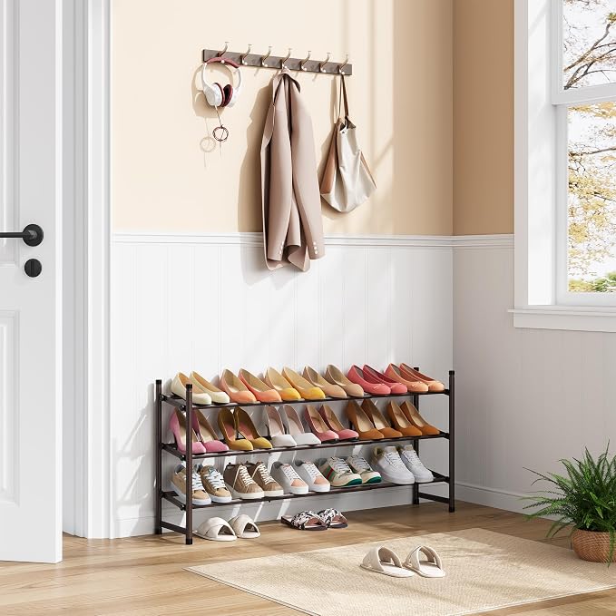 Tajsoon 3 Tier Expandable Shoe Rack for Closet, 28“-41“Adjustable & Stackable Shoe Shelf Storage, Metal Shoe Rack Organizer for Front Door Entrance, Closet, Garage, Entryway, Bronze - Image 2