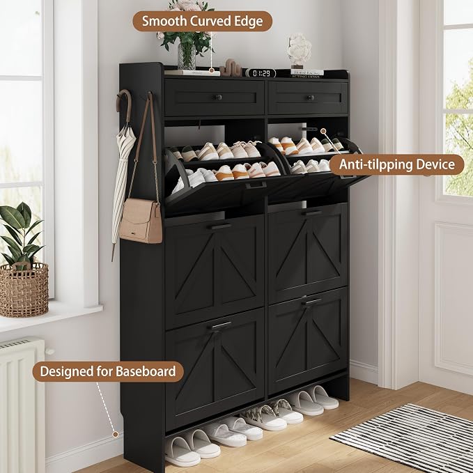 Shoe Cabinet with 6 Flip Drawers & 2 Top Drawers, 57" Tall Freestanding Narrow Wooden Shoe Storage Organizer for Entryway, Hidden Slim Shoe Rack for Front Door Entrance, Hallway, Living Room, Black - Image 5