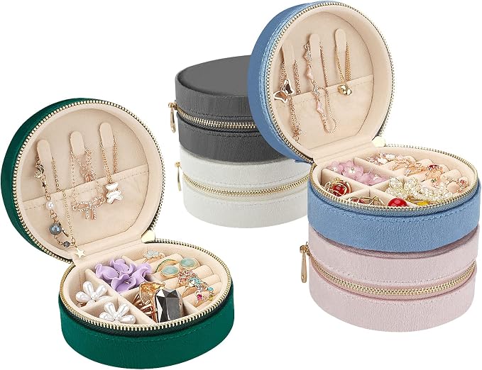 DesignSter Travel Jewelry Box - Velvet Mini Jewelry Organizer, Small Jewelry Case for Girls Women, Jewelry Storage Box for Rings Earrings Necklace (Circular, Emerald Green) - Image 6