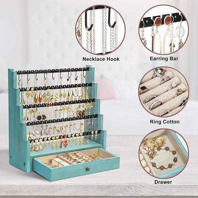 Pinzoveco Earring Organizer, 5 Layer Earring Holder Organizer with Necklace Holder Pole, Rustic Wood Jewelry Organizer Stand Display for Stud Earring Bracelet Necklace Ring, 175 Earring Holes - Image 5