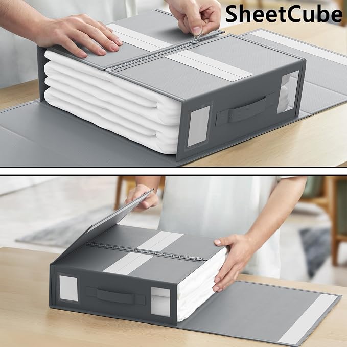 SUOCO SheetCube Bed Sheet Organizers and Storage 6 Pack, Foldable Linen Closet Organizer with Window and Label, Bedding Folder Storage Box Container for Blanket, Duvet Cover Set, Bed Sheet Set - Grey - Image 4