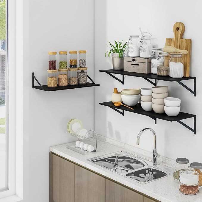 Heimlove Black Deep Floating Shelves for Wall, 36W x 12D Wood Wall Shelves Set of 2, Wide Floating Bookshelf for Living Room, Kitchen, Office, Bedroom and Decor Storage, with Metal Bracket - Black - Image 6