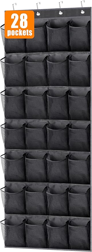 MISSLO 28 Large Pockets Hanging Shoe Organizer Over The Door Shoe Rack for Closet Door Storage Mesh Shoe Holder Hanger for Men, Black by MISSLO