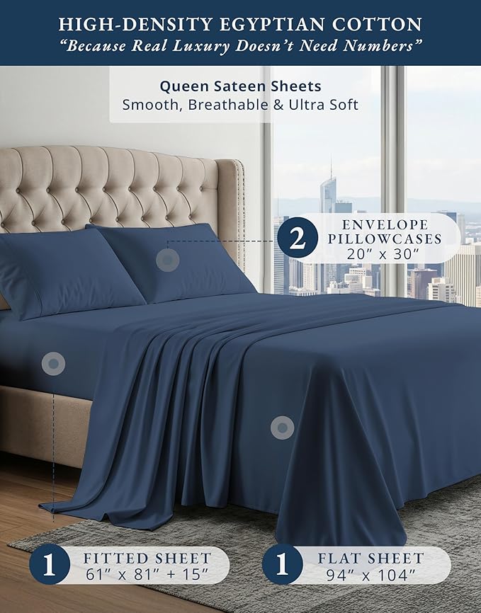 100% Egyptian Cotton Sheets Queen Size - Naturally Cooling & Breathable 4 Piece Silky Sateen Weave Queen Sheet Set, Ultra-Soft & Durable Hotel Luxury Sheets with 15" Snug Fit Deep Pockets - Dark Denim
