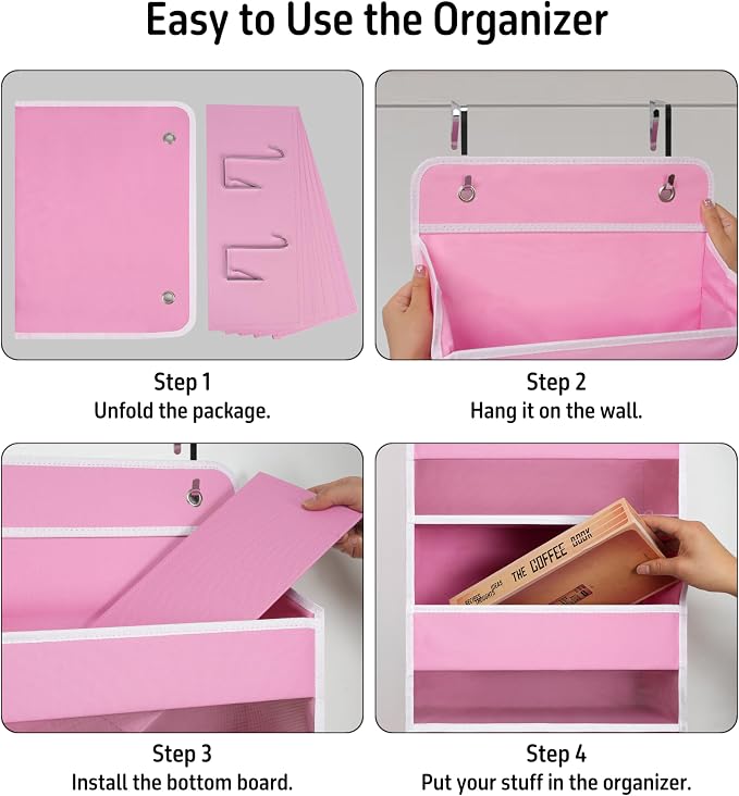 TYMENSH Over The Door Hanging Organizer with 4 Large Pockets – Closet, Bathroom, Nursery, Bedroom, Dorm Storage for Toys, Cosmetics, and Baby Essentials, Pink - Image 5