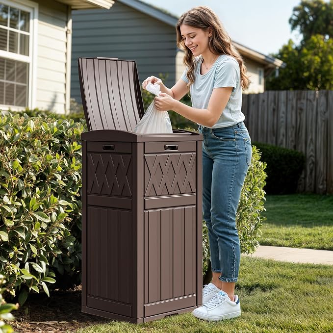 DWVO 36-Gallon Outdoor Trash Can with Fabric Bag, Tiered Lid & Drip Tray, Waterproof Resin Garbage Bin for Patio, Deck, and Backyard, Dark Brown - Image 2