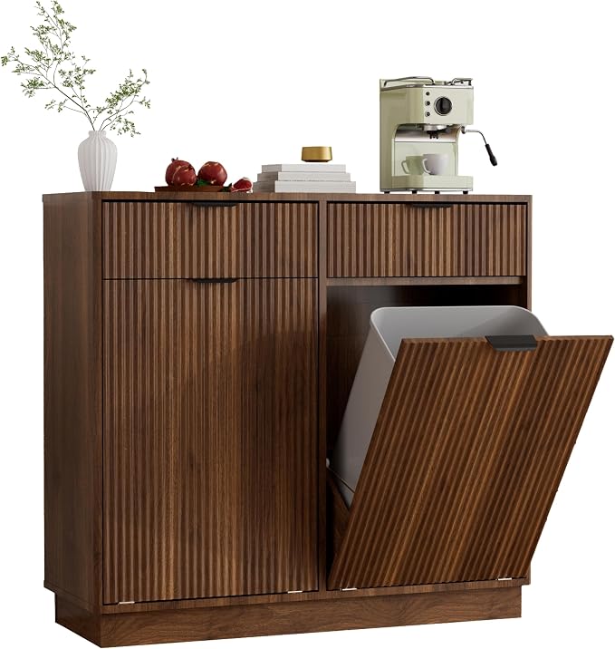 Double Tilt-Out Trash Cabinet, Laundry Hamper Cabinet with 2 Drawers, 39.4W x 34.3H x 13.8D inches, Walnut, Wave-Textured Front. by Unknown