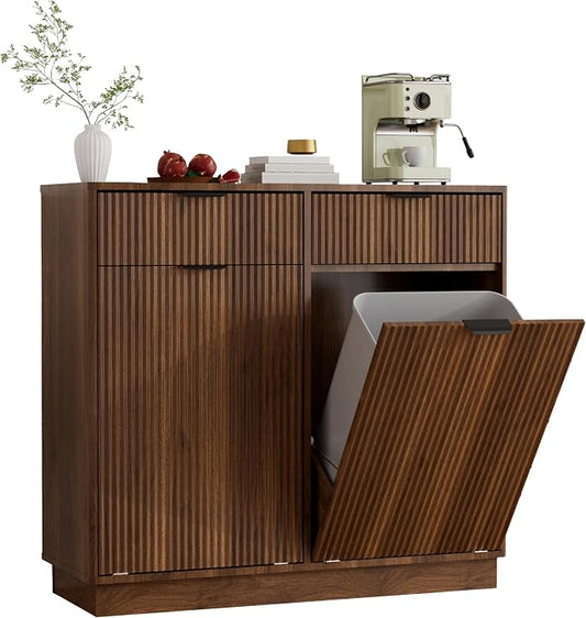 Double Tilt-Out Trash Cabinet, Laundry Hamper Cabinet with 2 Drawers, 39.4W x 34.3H x 13.8D inches, Walnut, Wave-Textured Front. by Unknown