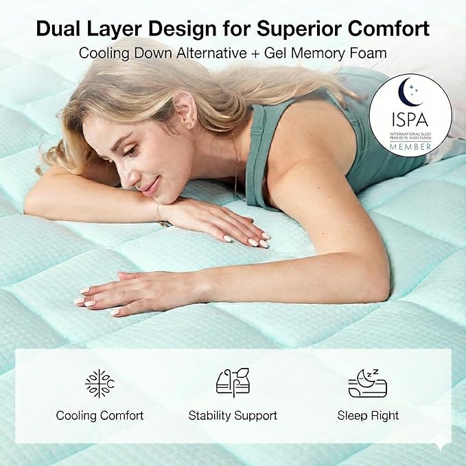 Novilla 4 Inch Dual Layer Memory Foam Mattress Topper, 2 Inch Gel Memory Foam and 2 Inch Cooling Down-Alternative Mattress Pad Cover for Back Pain, Breathable & Certi-Safe, Queen