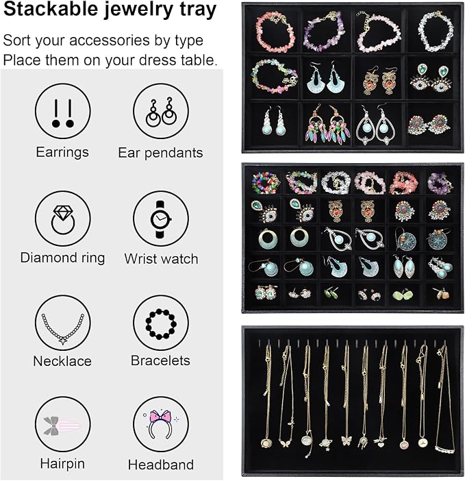 Stratalife Jewelry Trays Jewelry Organizer Earring Storage Drawer Jewelry Organizer Tray Drawer Insert Jewelry Storage with Removable Dividers For Women Set Of 3 Black - Image 3