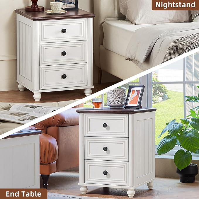 RWYHG 18" Farmhouse Night Stand, White Wood Nightstand with 3 Drawers, Bedside End Table with Storage and Roman Column, Bed Side Tables Cabinet for Bedroom, Living Room, and Closet