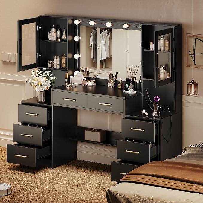UGTOO Makeup Vanity Desk with Mirror and Lights, 58.3" Makeup Vanity with Lights & Charging Station, Dressing Table Vanity Set White Vanity Table with 8 Drawers & 2 Cabinets, Without Stool Black