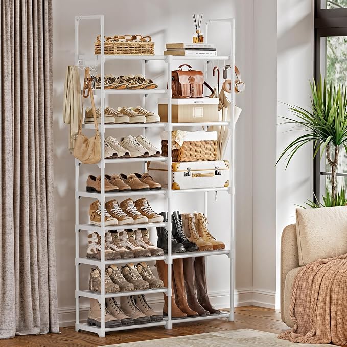 WOWLIVE 9 Tiers White Shoe Rack for Closet Shoe Rack Storage Organizer for Entryway 30-35 Pairs Stackable Shoe Shelf for Front Entrance Metal Pipes with Plastic Connectors - Image 4