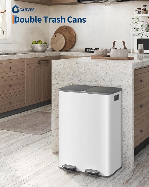 GarveeHome 2 x 8 gal Stainless Steel Double Trash Can with Lid for Kitchen, Large Dual Trash and Recycle Bin Combo, Step-on Kitchen Metal Garbage Cans, PP Inner Buckets, Liner Rim, Grayish-White - Image 2