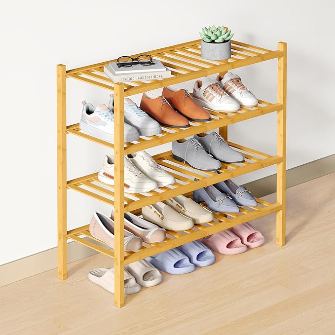 Smiry Bamboo Shoe Rack for Closet, 4 Tier Wooden Stackable Shoe Organizer, Free Standing Shoes Storage Shelf for Entryway, Front Door Entrance, Natural by Smiry