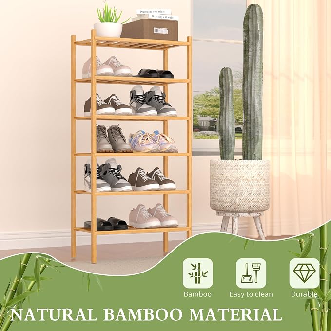 ROMGUAR CRAFT 6-Tier Bamboo Small Shoe Rack, Free Standing Wood Shoe Shelf Storage Organizer for Closet Entryway Stackable (Natural) - Image 4
