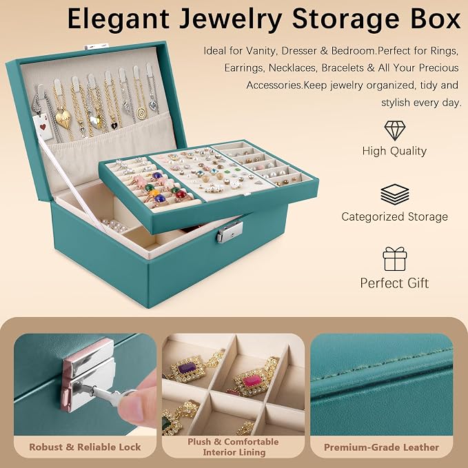 Homeanda Jewelry box 2 layer Jewelry box Leather Jewelry boxes for Women Girls Teens Jewelry organizer box Jewelry Storage box with lock(Green) - Image 4
