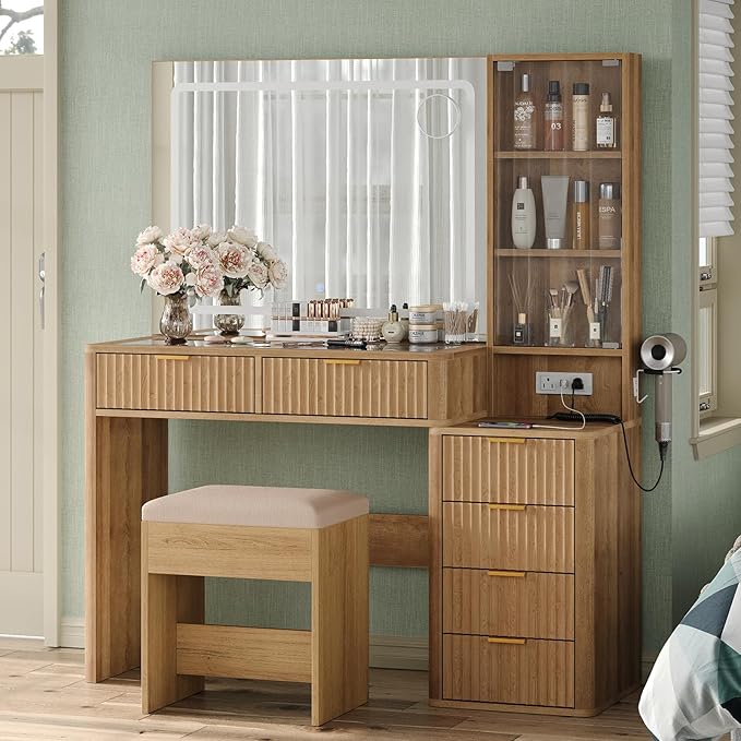 Fluted Vanity Desk with 3-Color LED Mirror, 43.3" Makeup Vanity with Glass Top & Glass Door, 6-Drawer Wood Vanity with Charging Station, Includes Vanity Stool, Natural Oak