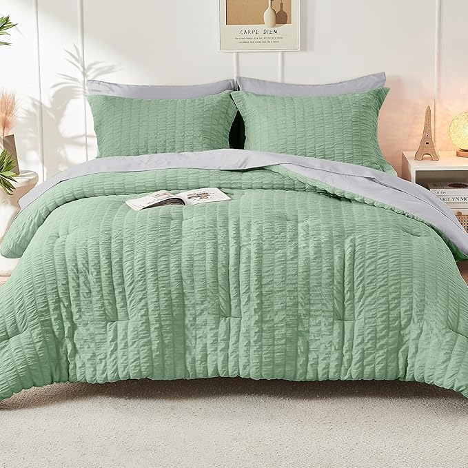 HYMOKEGE Sage Green/Light Grey California King Comforter Set Seersucker 7 Pieces, All Season Luxury Bed in a Bag for Bedroom, Bedding Set with Comforter, Sheets, Pillowcases & Shams