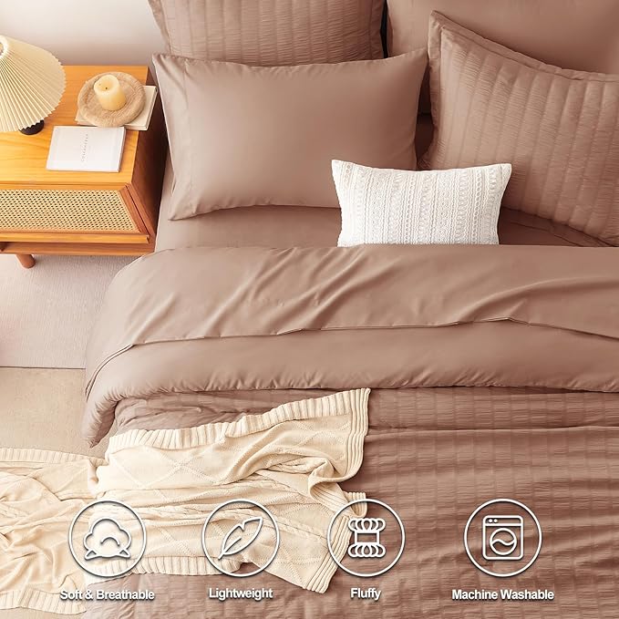 CozyLux King Size Comforter Set Mocha Mousse Seersucker 7 Pieces Bed in a Bag King Comforter Set with Sheets, Luxury Soft Bedding Sets with Down Alternative Comforter, Sheets, Pillowcases & Shams