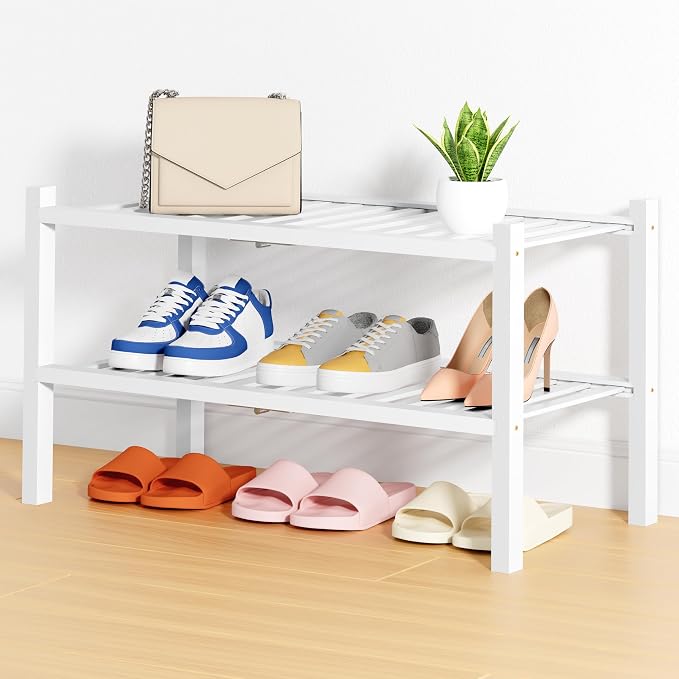Smiry Shoe Rack, 2 Tier Thick Bamboo Shoe Organizer, Stackable Free Standing Wooden Shoe Storage Shelf for Closet, Entryway, Front Door Entrance, White by Smiry