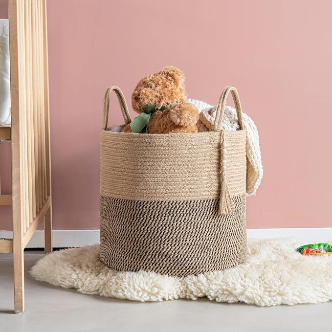 Mkono Woven Storage Basket Decorative Rope Basket Wooden Bead Decoration for Blankets,Toys,Clothes,Shoes,Plant Organizer Bin with Handles Living Room Home Decor, Yellow and Black, 16" W × 13.8" - Image 3