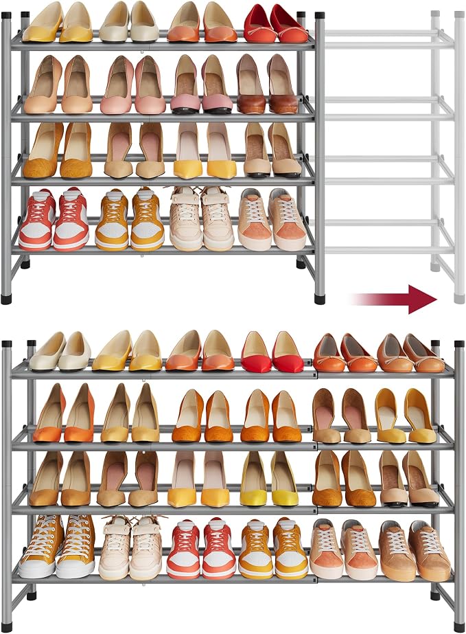 Tajsoon Expandable Shoe Rack for Closet 4 Tier, 29“-41“Adjustable & Stackable Shoe Shelf Storage, Metal Shoe Rack Organizer for Front Door Entrance, Closet, Garage, Entryway, Grey by Tajsoon