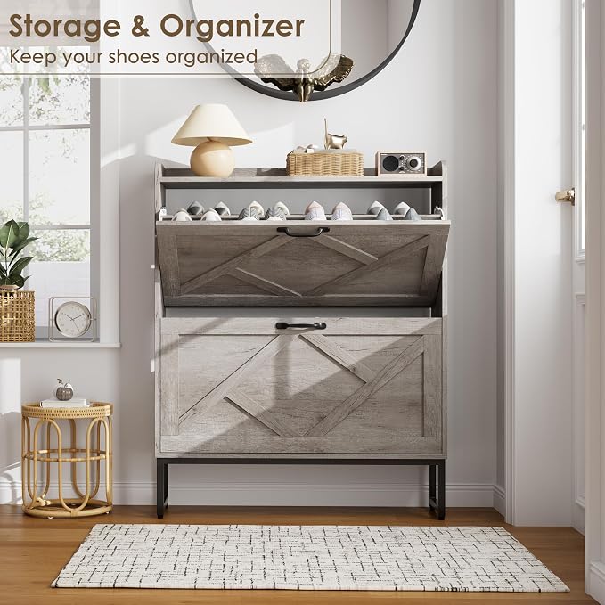 Nicetree Shoe Storage Cabinet with 2 Flip Drawers, Freestanding Shoe Organizer, Shoe Cabinet with Metal Legs, Narrow Shoe Rack Cabinet, Farmhouse Slim Shoe Cabinet for Entryway, Hallway, Rustic Gray - Image 5