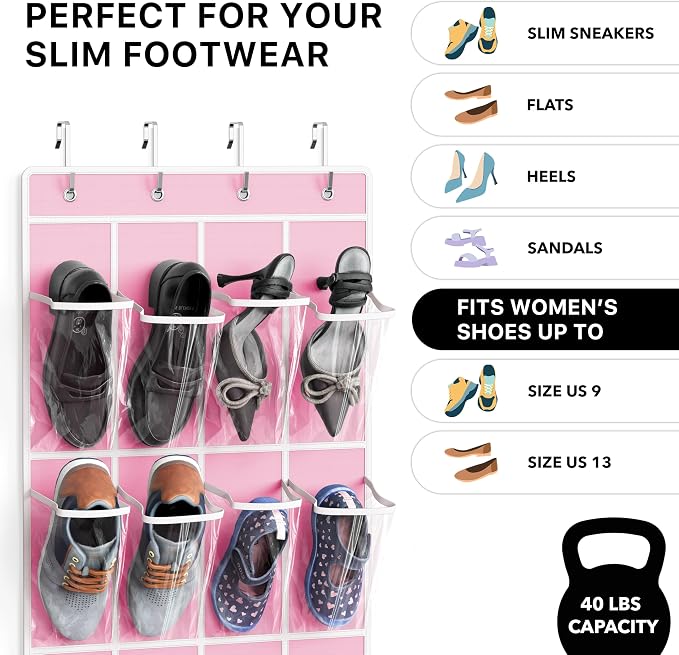 Simple Houseware 24 Pockets - Crystal Clear Over The Door Hanging Shoe Organizer, Pink (64'' x 19'') - Image 3