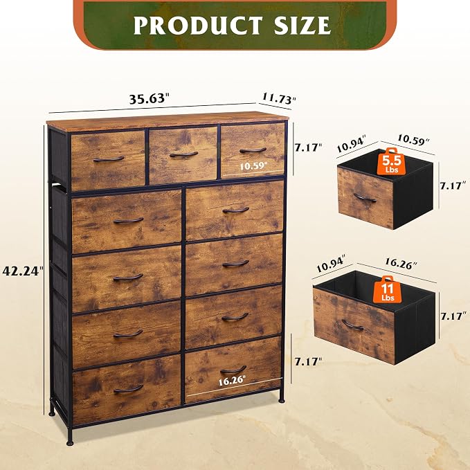WLIVE Tall Dresser for Bedroom, Fabric Dressers Storage Tower, Dresser & Chest of Drawers Organizer Unit with 11 Drawers, Storage Cabinet, Hallway, Closets, Steel Frame, Wood Top, Rustic Brown - Image 3