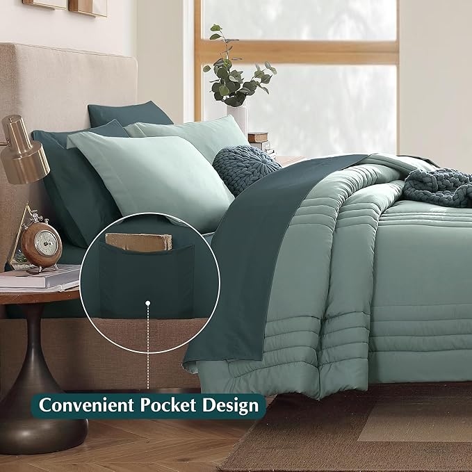 Monbix Full Size Comforter Sets - 7 Pieces Sage Green Bed in a Bag Full Size Bedding Sets with Comforter, Sheets, Pillowcases & Shams