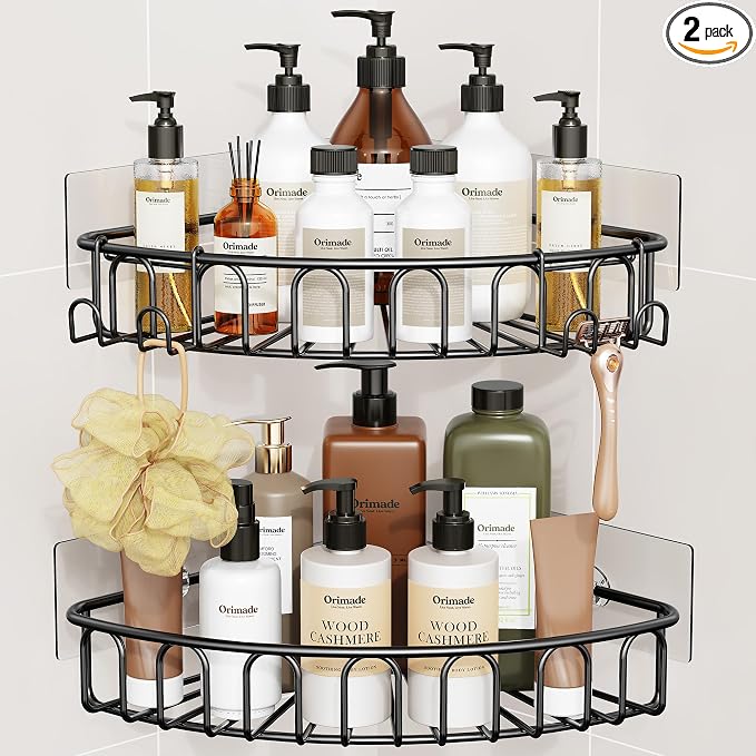 Orimade Corner Shower Caddy Stainless Steel with Hooks Wall Mounted Bathroom Shelf Storage Organizer Adhesive No Drilling 2 Pack, Black Only for 90-Degree Corner by Orimade