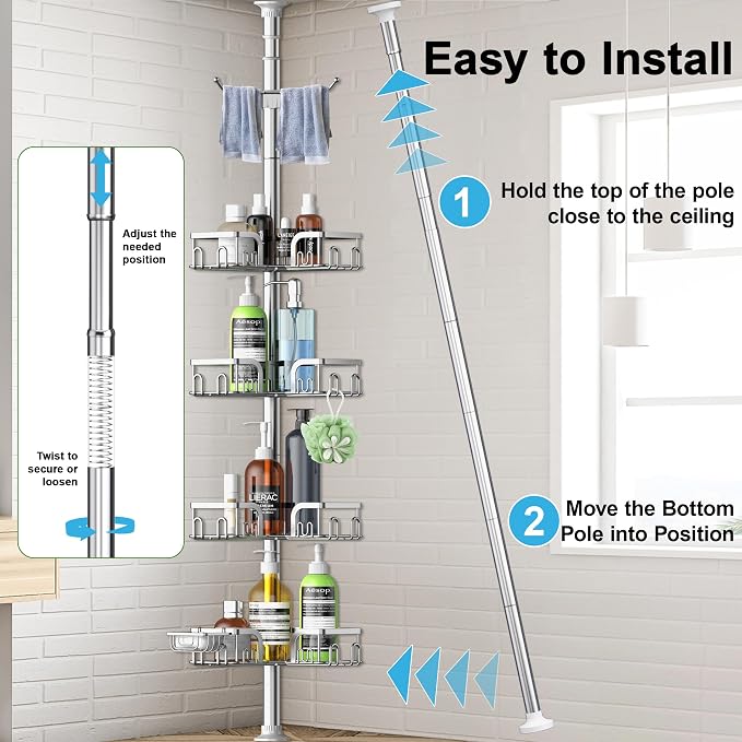 Corner Shower Caddy Tension Pole 4 Tier Adjustable Stainless Steel Shower Shelf for Inside Shower Bathtub Shampoo,Standing Bathroom Organizer Shelves with 39 to 113 inch Height - Image 7